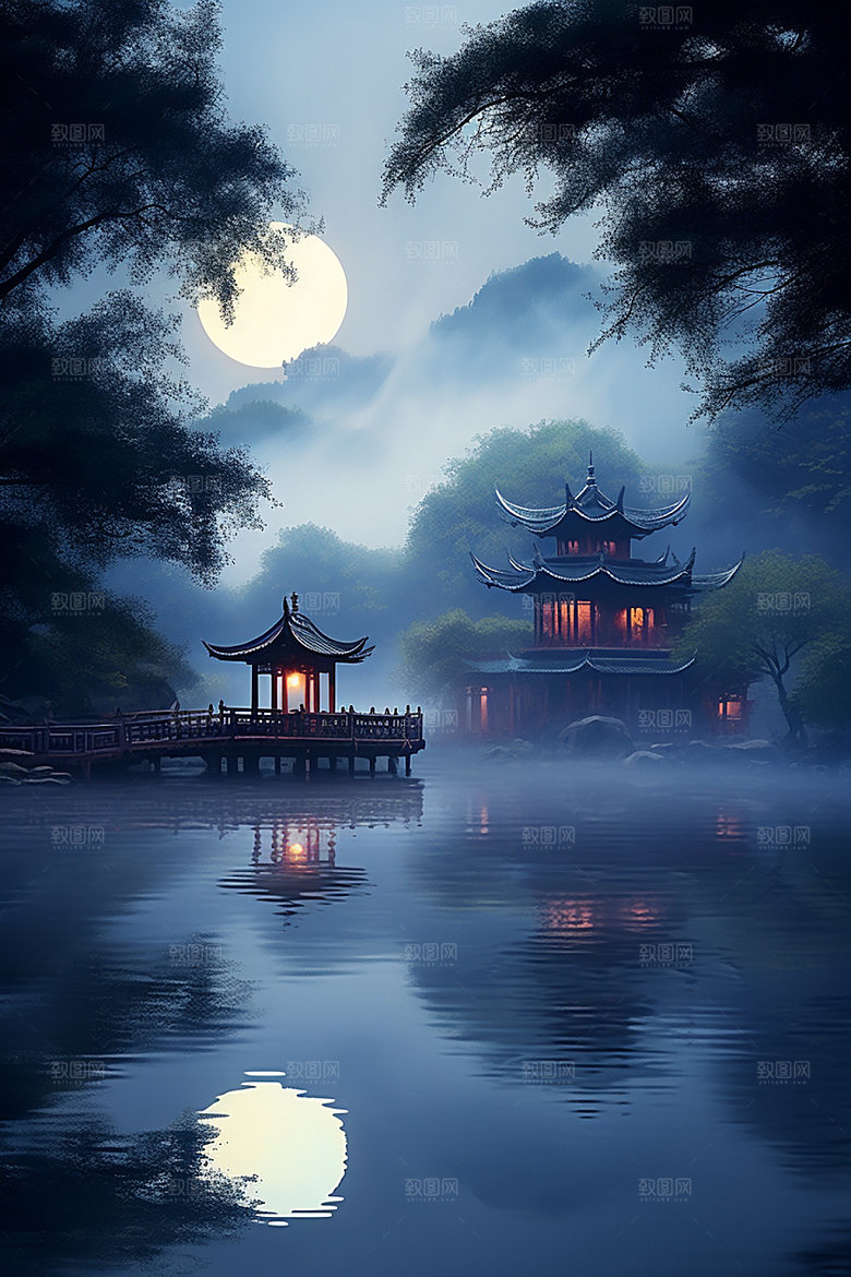 月圆倒影禅意夜晚素材