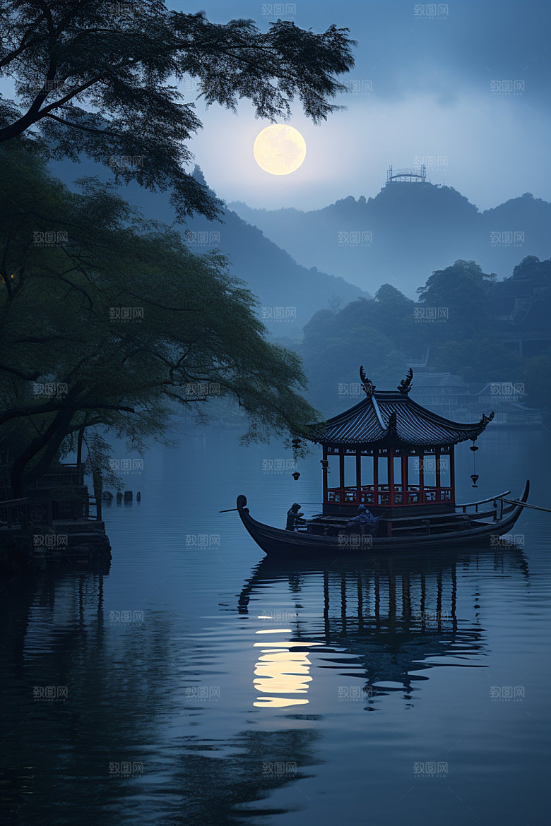 月圆倒影山水月满西楼素材