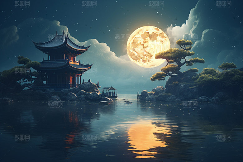 月圆倒影中国风月满西楼素材