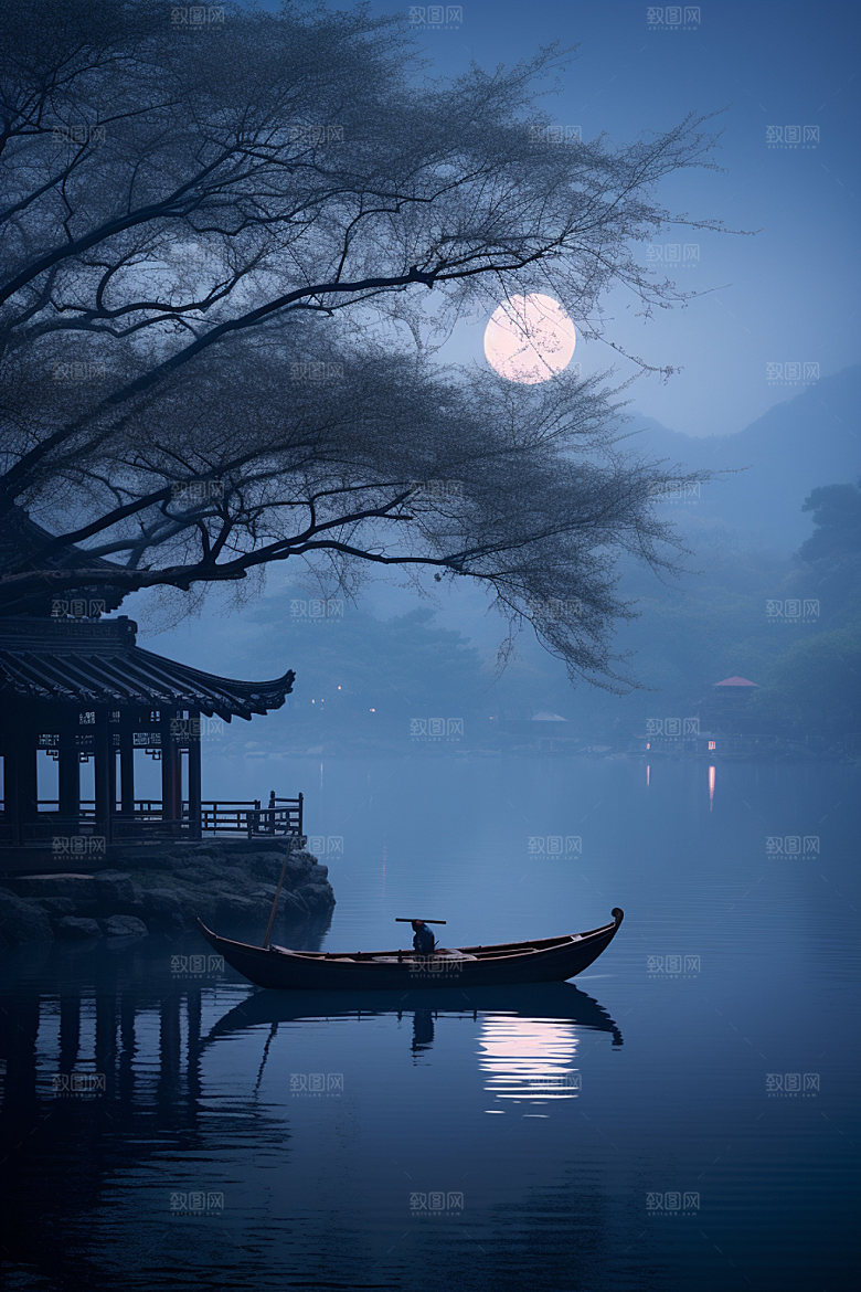 月圆倒影中国风山水素材