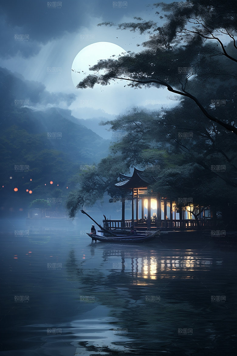 月圆倒影山水静谧素材