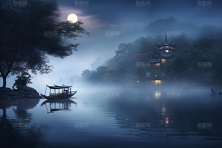 月圆倒影中秋月满西楼素材