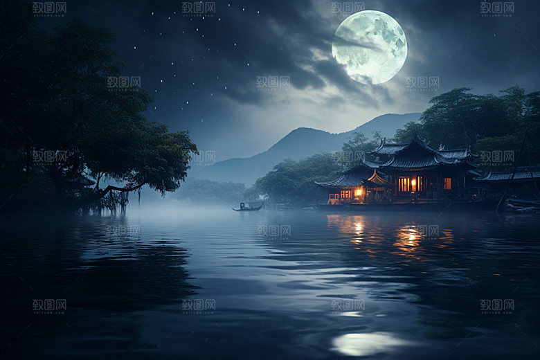 月圆倒影静谧禅意素材