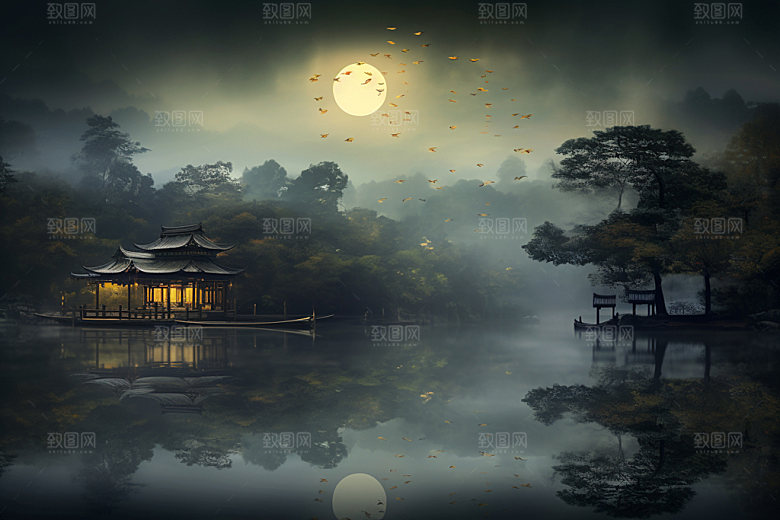 月圆倒影风光夜晚素材
