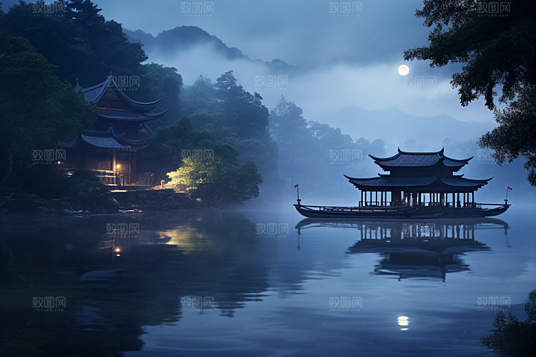 月圆倒影山水夜晚素材