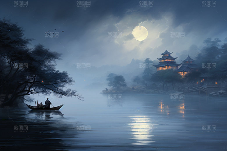 月圆倒影月满西楼禅意素材