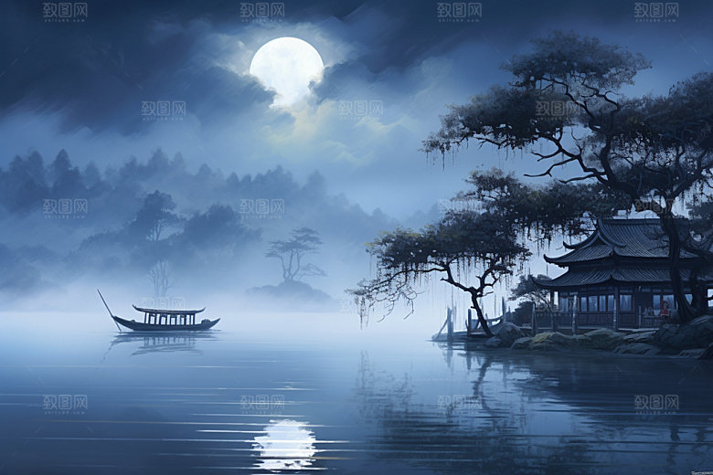 月圆倒影禅意中秋素材