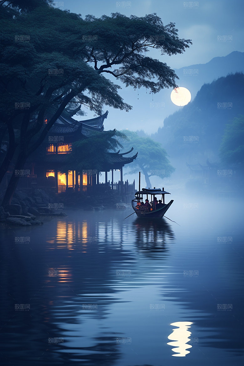 月圆倒影中国风禅意素材