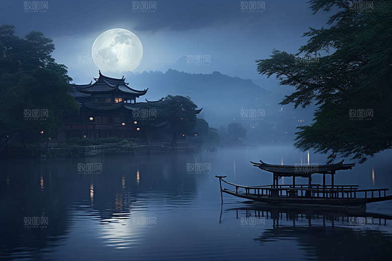 月圆倒影中秋月满西楼素材