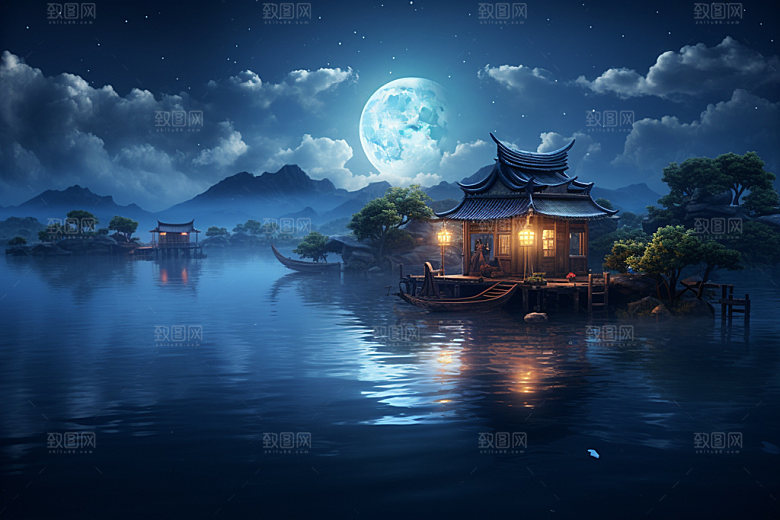 月圆倒影高清风光素材