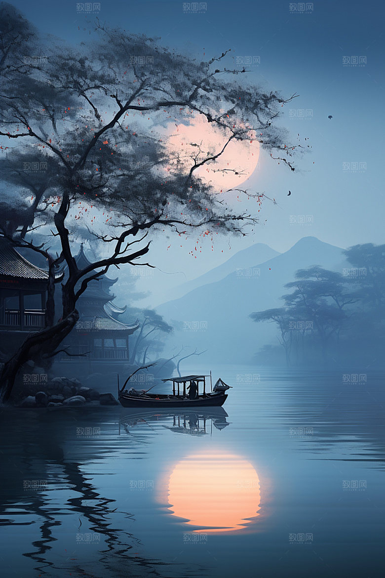月圆倒影中秋山水素材