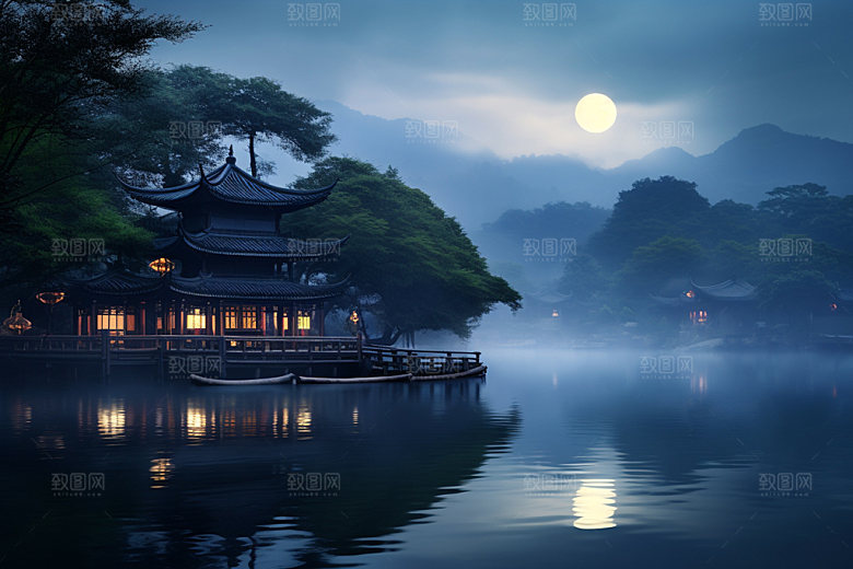 月圆倒影静谧中秋素材