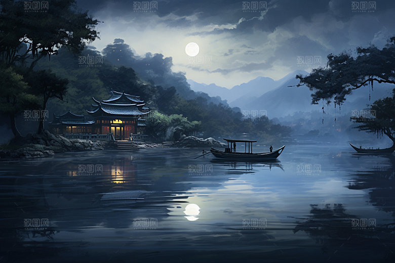 月圆倒影夜晚高清素材