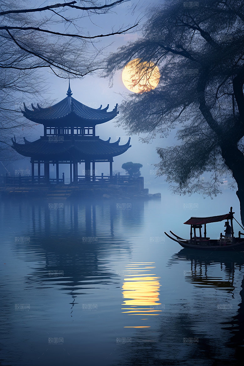 月圆倒影中秋中国风素材