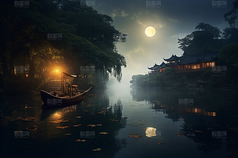 月圆倒影月满西楼禅意素材