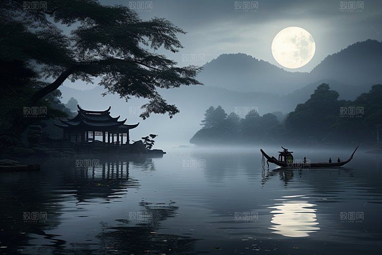 月圆倒影静谧夜晚素材