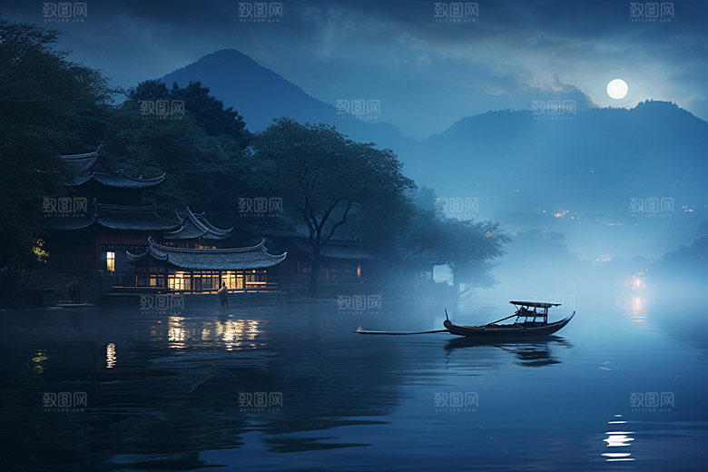 月圆倒影月满西楼风光素材