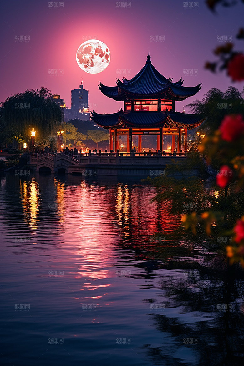月圆倒影静谧夜晚素材
