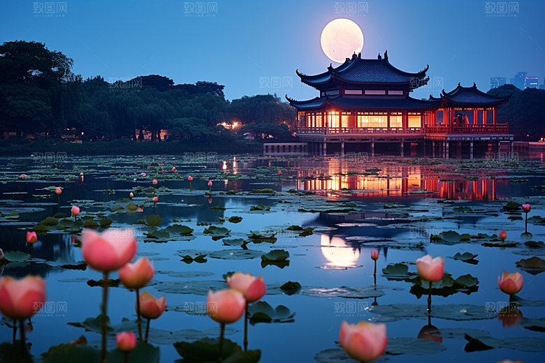 月圆倒影中秋夜晚素材