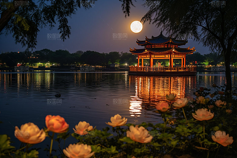 月圆倒影静谧月满西楼素材