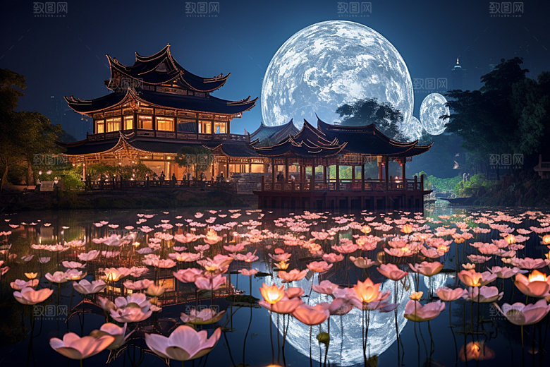 月圆倒影月满西楼山水素材