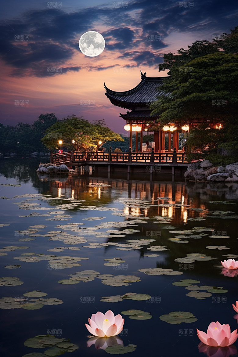 月圆倒影禅意中国风素材
