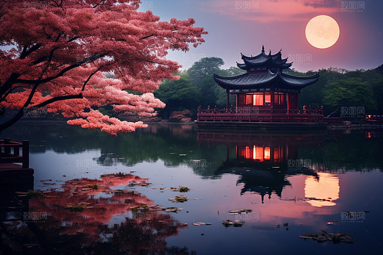 月圆倒影山水中国风素材