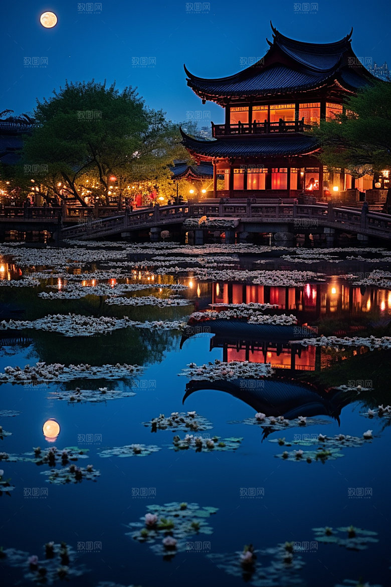 月圆倒影禅意高清素材