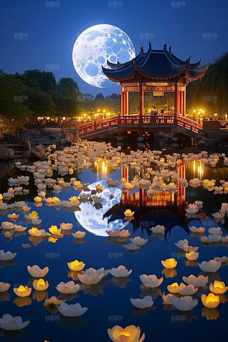 月圆倒影山水中国风素材