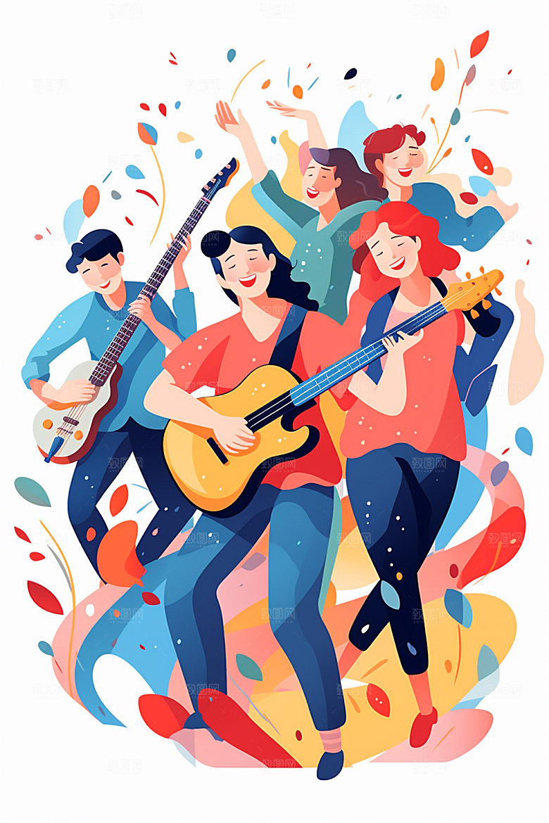 演奏乐器多人组合乐队狂欢矢量插画