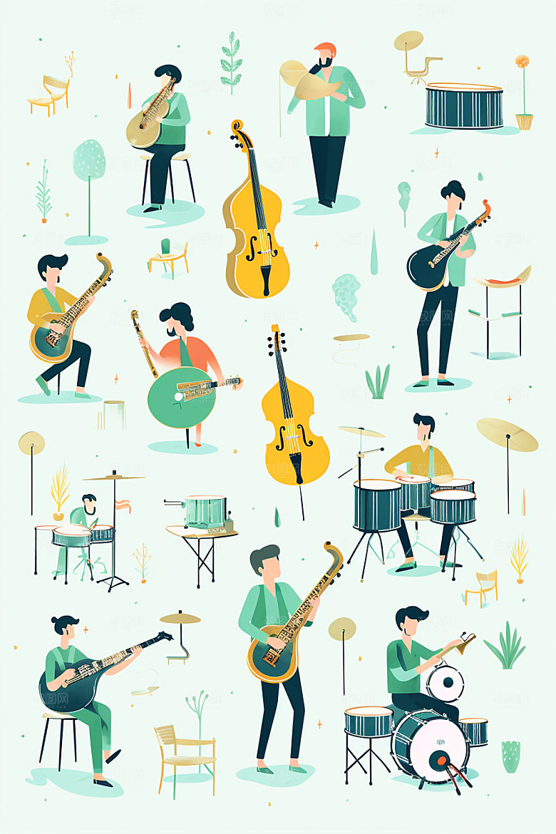 演奏乐器乐队狂欢多人组合矢量插画