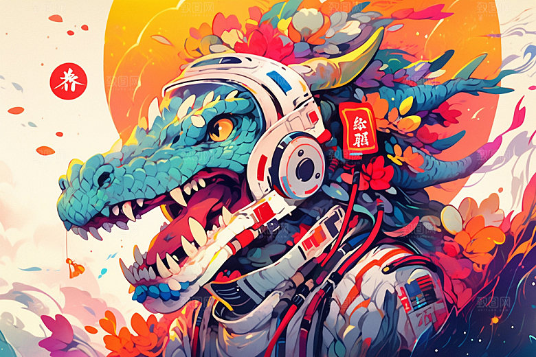 龙宇航员中国风赛博朋克插画