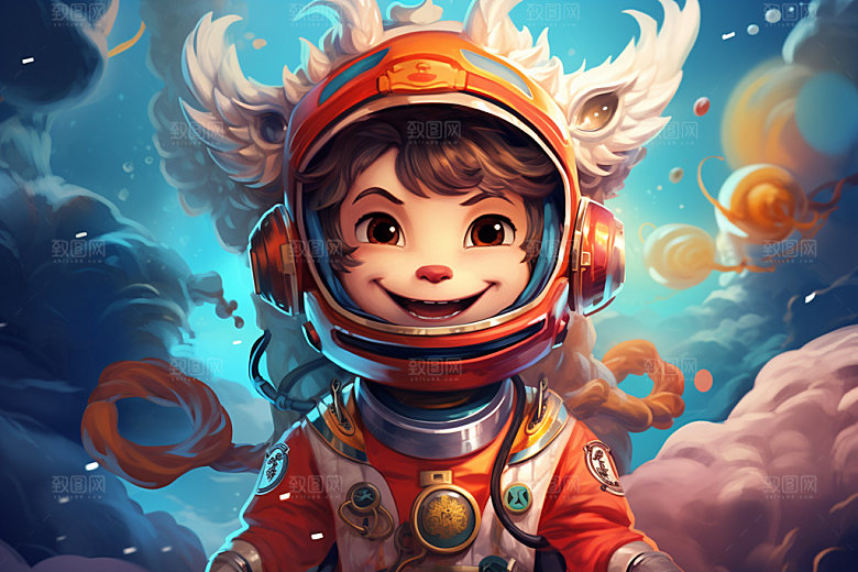 龙宇航员十二生肖中国风插画