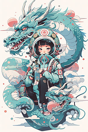 龙宇航员赛博朋克中国风插画
