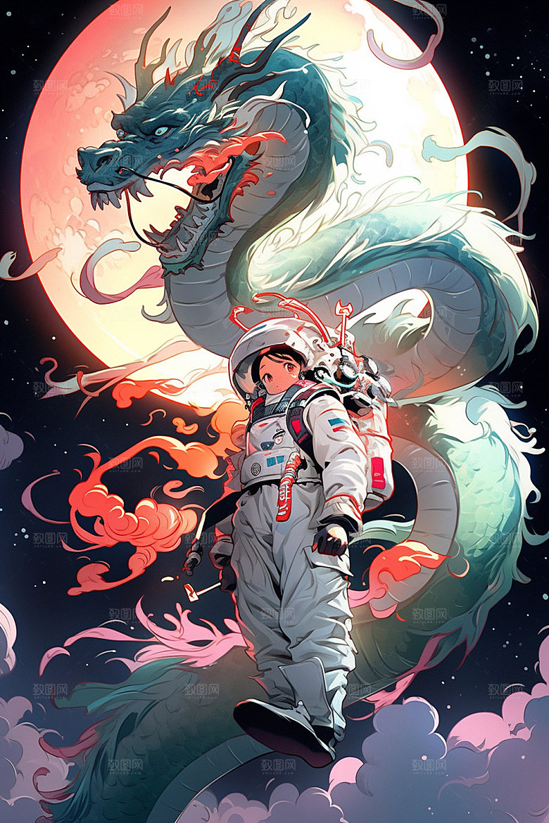 龙宇航员赛博朋克中国风插画