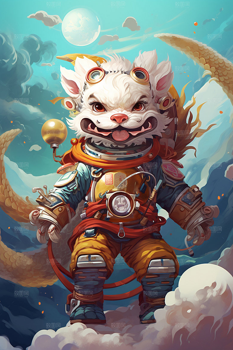 龙宇航员中国风手绘插画