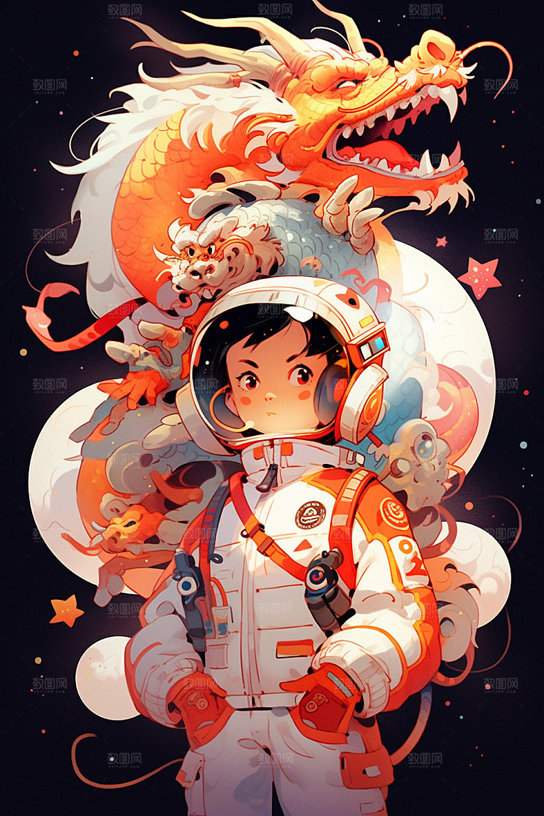 龙宇航员国潮风科技插画