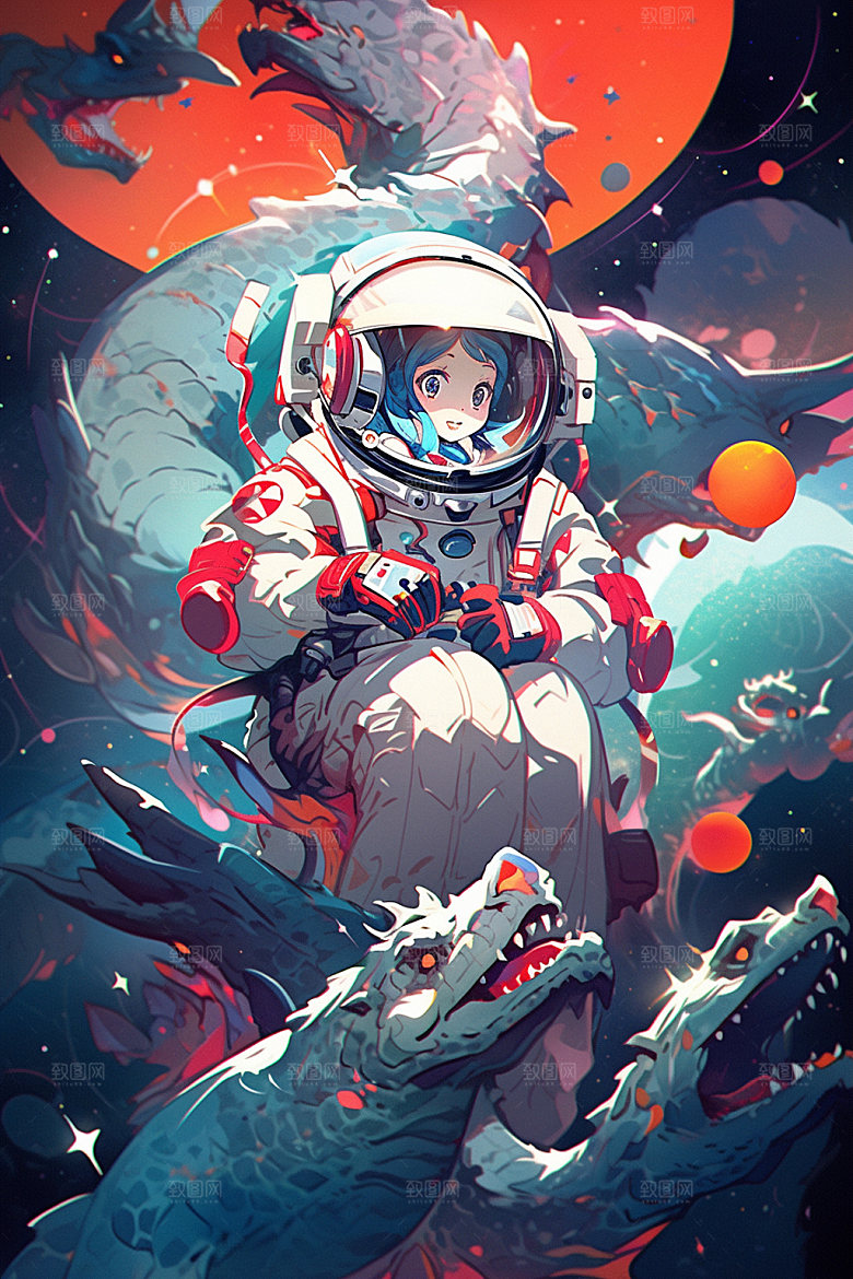 龙宇航员时尚航空插画