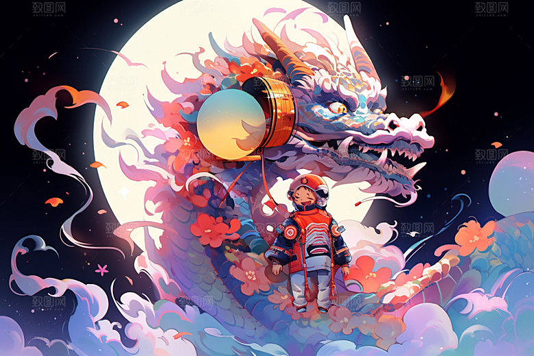 龙宇航员潮流手绘插画