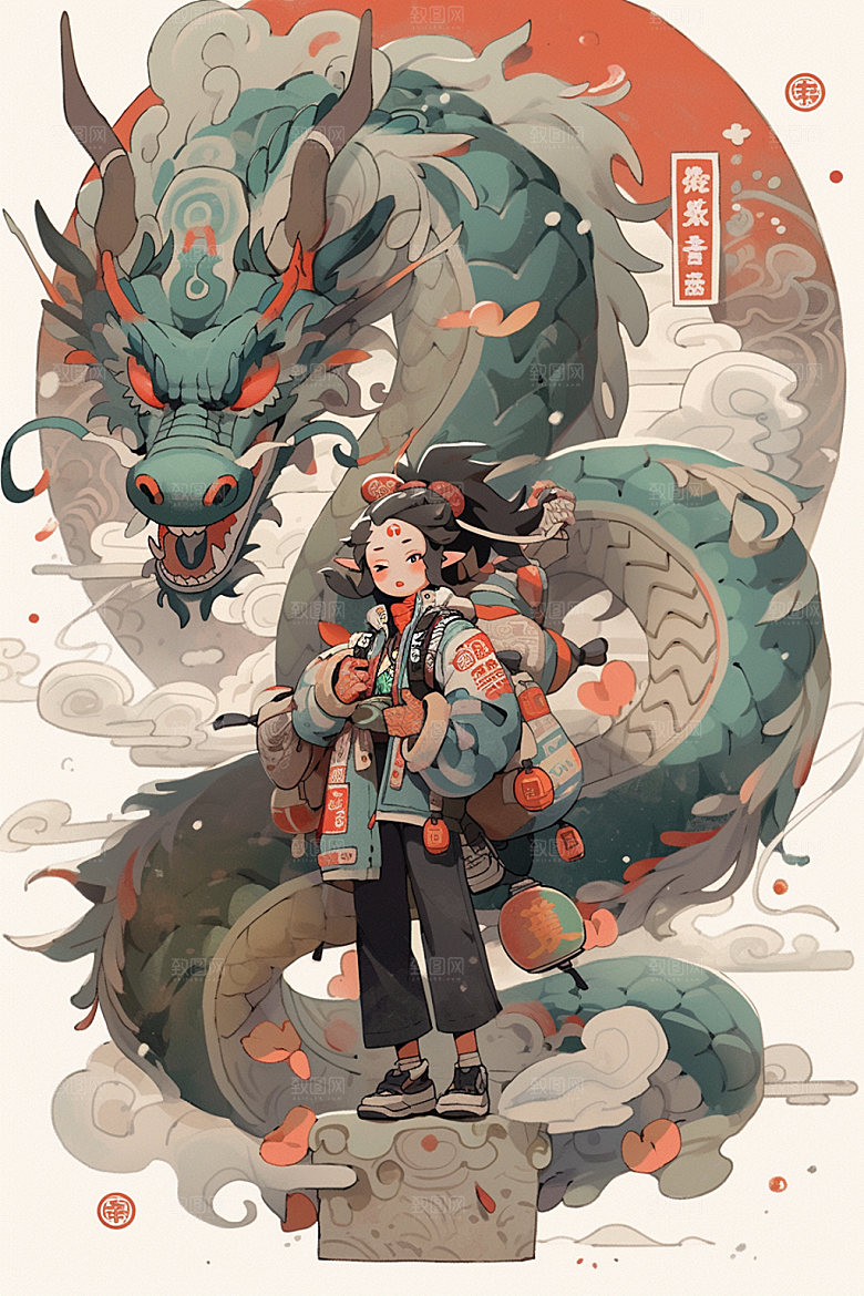 龙宇航员国潮风龙年插画