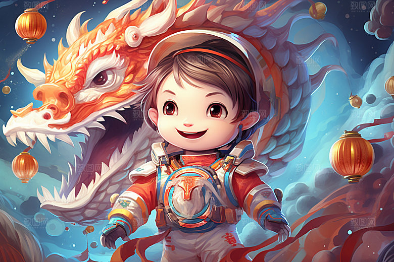 龙宇航员时尚手绘插画