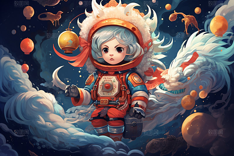 龙宇航员航空赛博朋克插画
