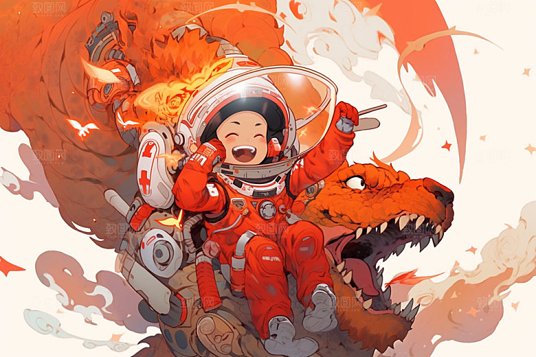 龙宇航员手绘航空插画