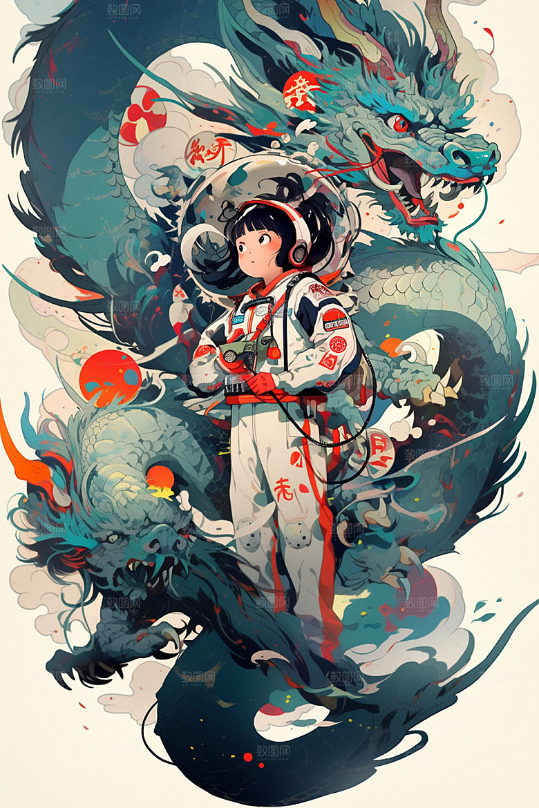 龙宇航员卡通春节插画