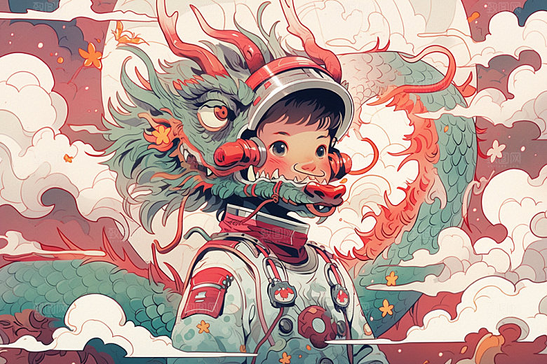 龙宇航员帅气国潮风插画