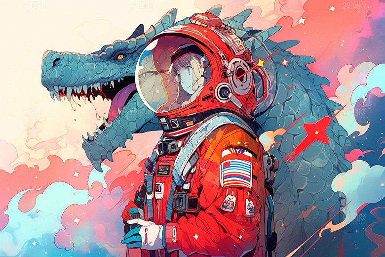 龙宇航员潮流卡通插画