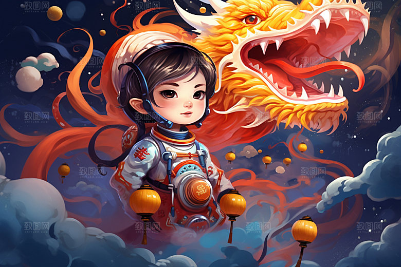 龙宇航员时尚赛博朋克插画
