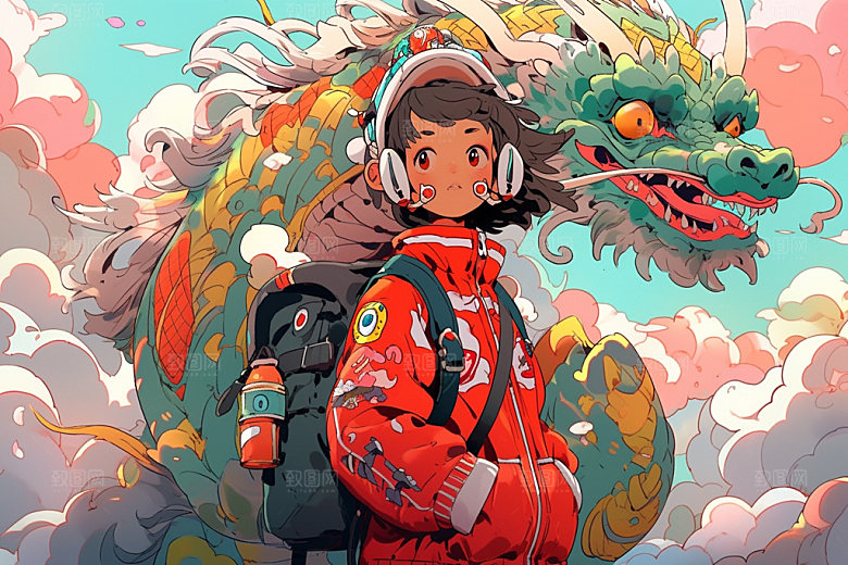 龙宇航员时尚春节插画