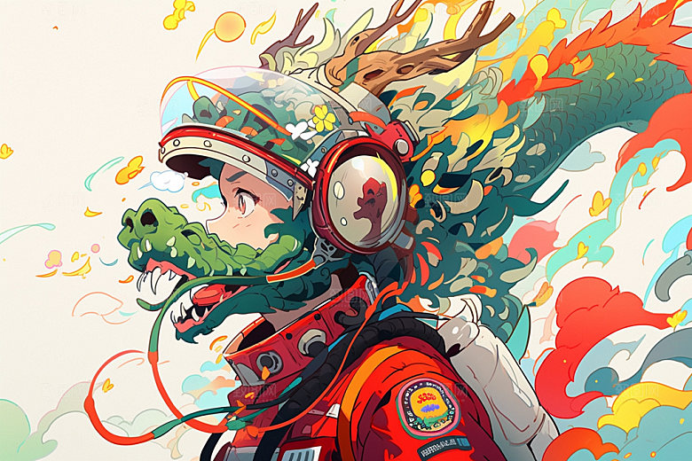 龙宇航员赛博朋克手绘插画