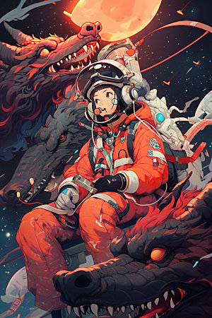 龙宇航员中国风帅气插画